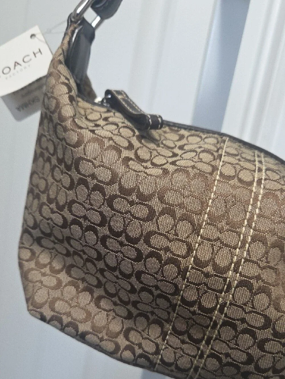 Coach Brown Signature Canvas Shoulder Bag with Leather Trim